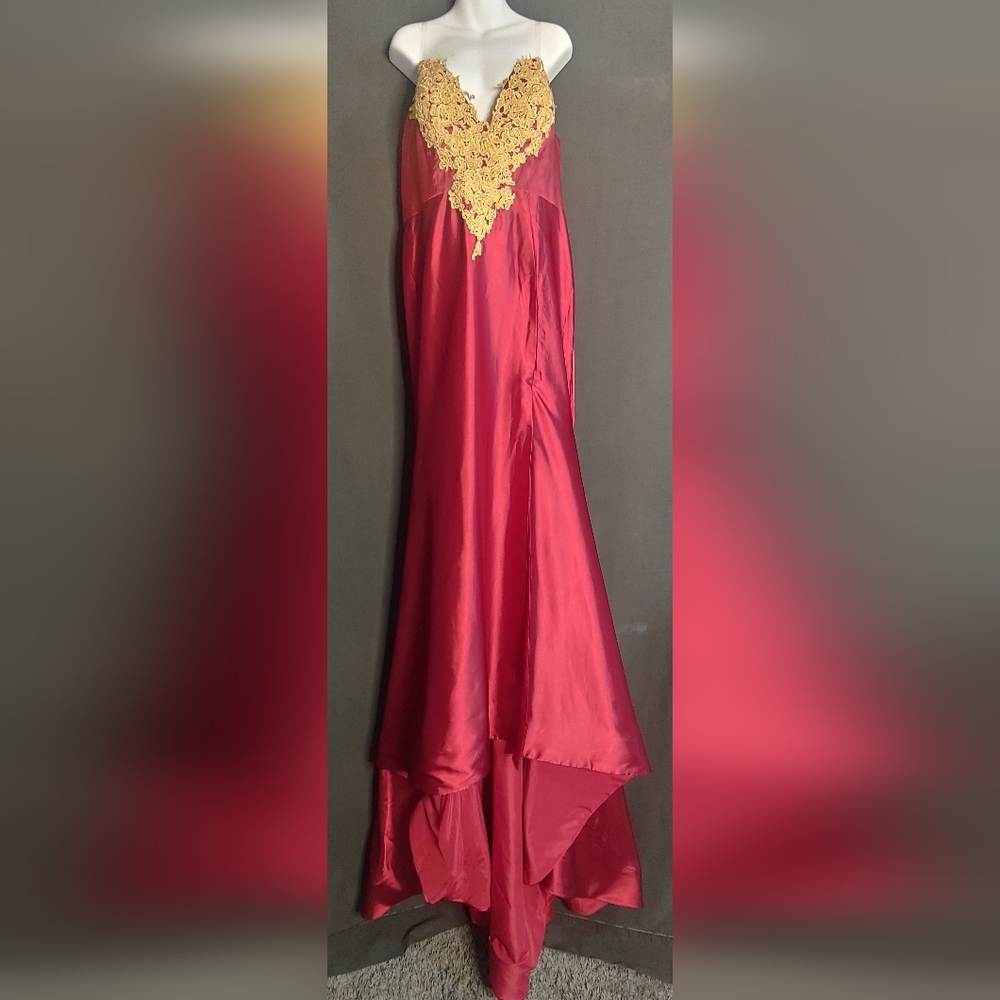 XL Deep Red dress with Gold embroidery and train!